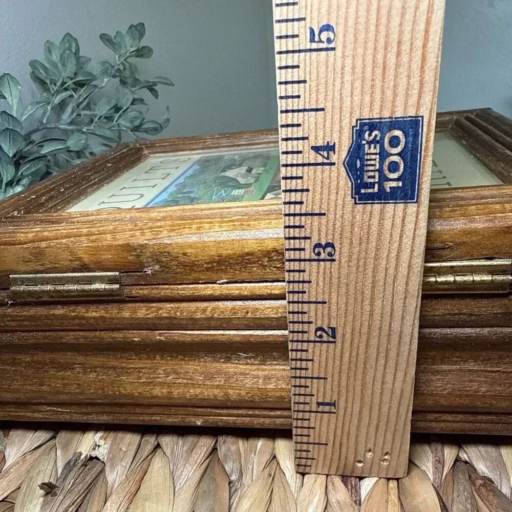 Quilts & Friends Picture Glass Top Keepsake Box Wood Sewing Jewelry Storage Vtg